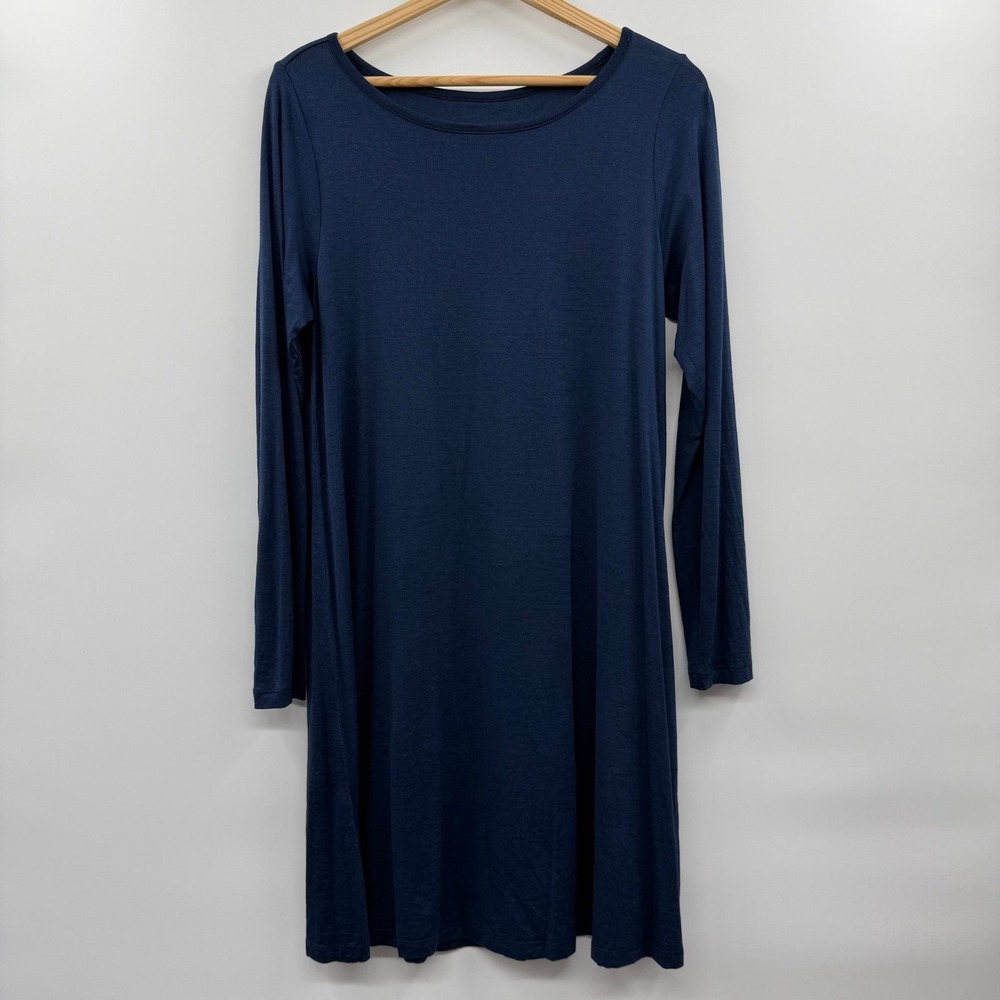 Wool& Rowena Swing Dress Navy Blue Merino Wool Long Sleeve Midi pockets medium - Picture 2 of 7